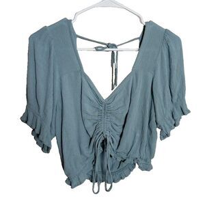 Love & Piece Collective Blouse Women's Large V-Neck Tie Cropped Boho Shirt Top